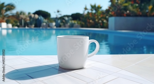 white coffee cup on stone tiled outside swimming pool