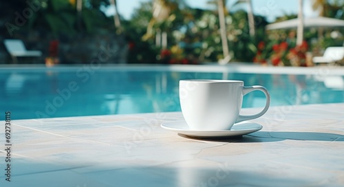 white coffee cup on stone tiled outside swimming pool
