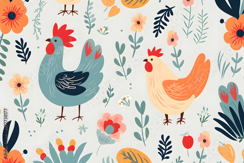 Colorful folk art pattern with chickens and flowers photo