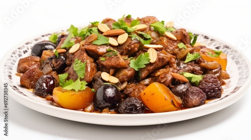 Delicious Moroccan Lamb Tagine with Prunes on White Background AI Generated