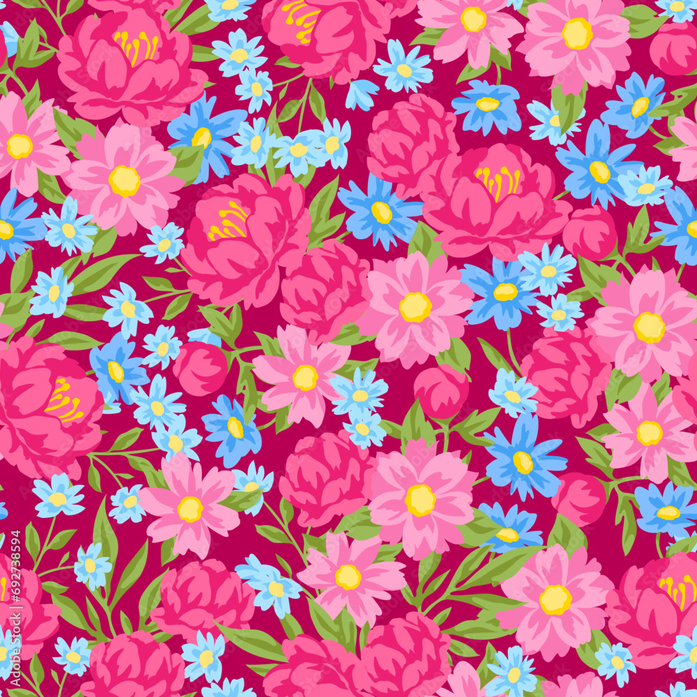 Pattern with pretty flowers. Beautiful decorative natural plants and leaves.