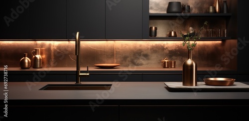 a black kitchen with a gold sink, tap and faucet photo