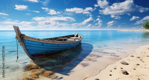 a boat rests on top of water on a tropical beach © olegganko