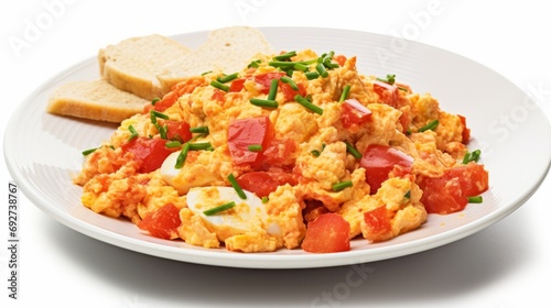 Delicious Turkish Menemen Scrambled Eggs with Vegetables on White Background AI Generated