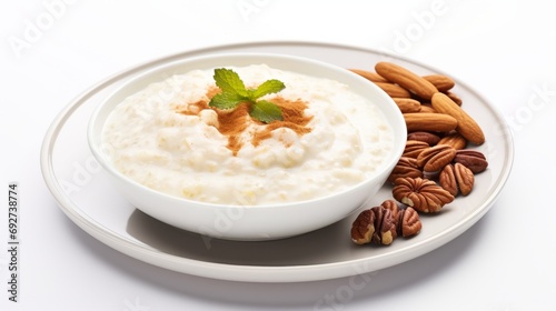 Delicious Turkish Sütlaç Rice Pudding on White Background AI Generated