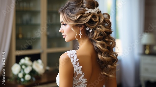 a bride with long hair wearing a pearl comb photo