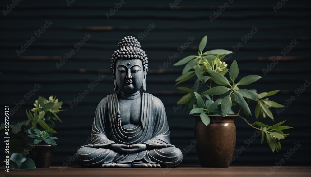 a grey buddha statue on a table a grey buddha statue on a table