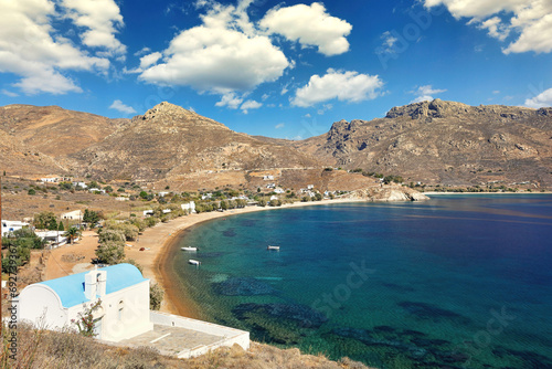 The beach Koutalas with the church Agia Theodora of Serifos island, Greece photo