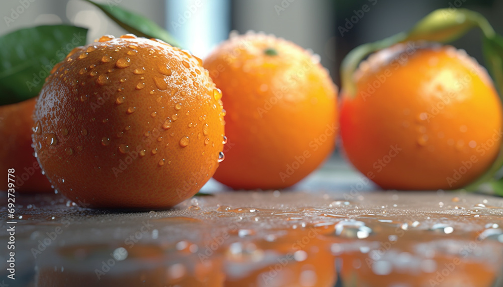 Organic citrus fruit slice, ripe and wet, on wooden table generated by AI Organic citrus fruit slice, ripe and wet, on wooden table generated by AI