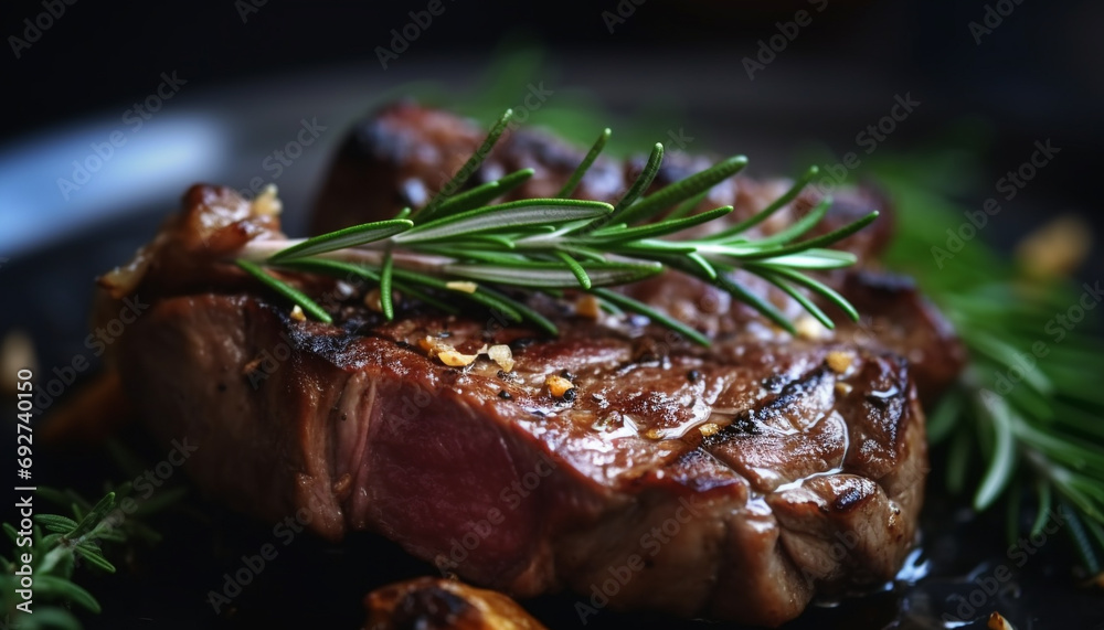 Grilled beef steak fillet on plate with herb seasoning generated by AI Grilled beef steak fillet on plate with herb seasoning generated by AI