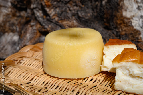 Different Cantabrian cheeses made from cow, goat and sheep melk in farmers cheese shop, Cantabria, North Spain photo