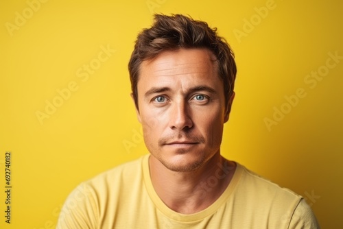 Portrait of handsome young man looking at camera over yellow background. © Iigo