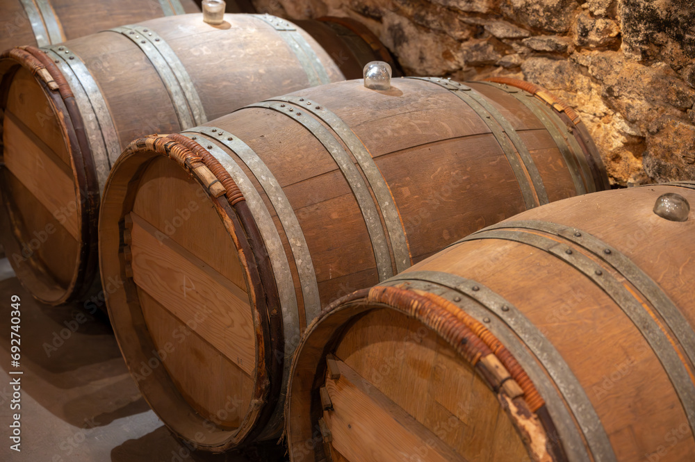 Wine cellar with wooden barrels in old wine domain on Sauternes vineyards in Barsac village affected by Botrytis cinerea noble rot, making of sweet dessert Sauternes wines in Bordeaux, France Wine cellar with wooden barrels in old wine domain on Sauternes vineyards in Barsac village affected by Botrytis cinerea noble rot, making of sweet dessert Sauternes wines in Bordeaux, France