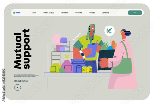 Mutual Support: Bringing groceries to food bank -modern flat vector concept illustration of people donating food to food pantry A metaphor of voluntary, collaborative exchanges of resource, services