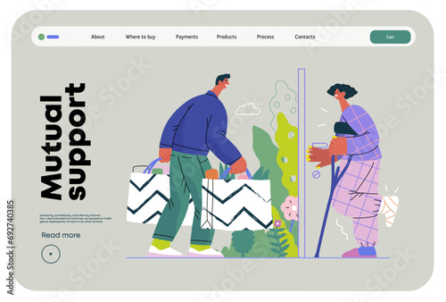 Mutual Support Buying groceries for ill neighbor -modern flat vector concept illustration of man carrying shopping bags for woman on crutches Metaphor of voluntary, collaborative exchanges of services