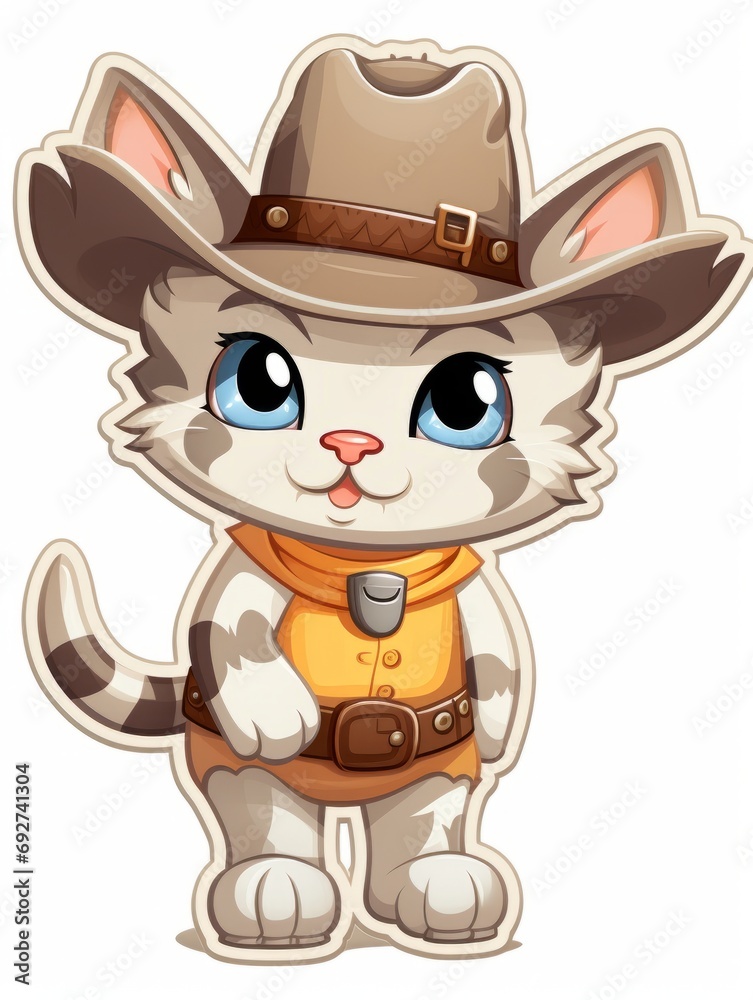 Cartoon sticker sweet kitten dressed as a cowboy, AI Cartoon sticker sweet kitten dressed as a cowboy, AI