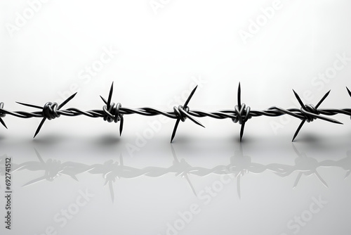 Barbed wire on a reflective surface with a white background