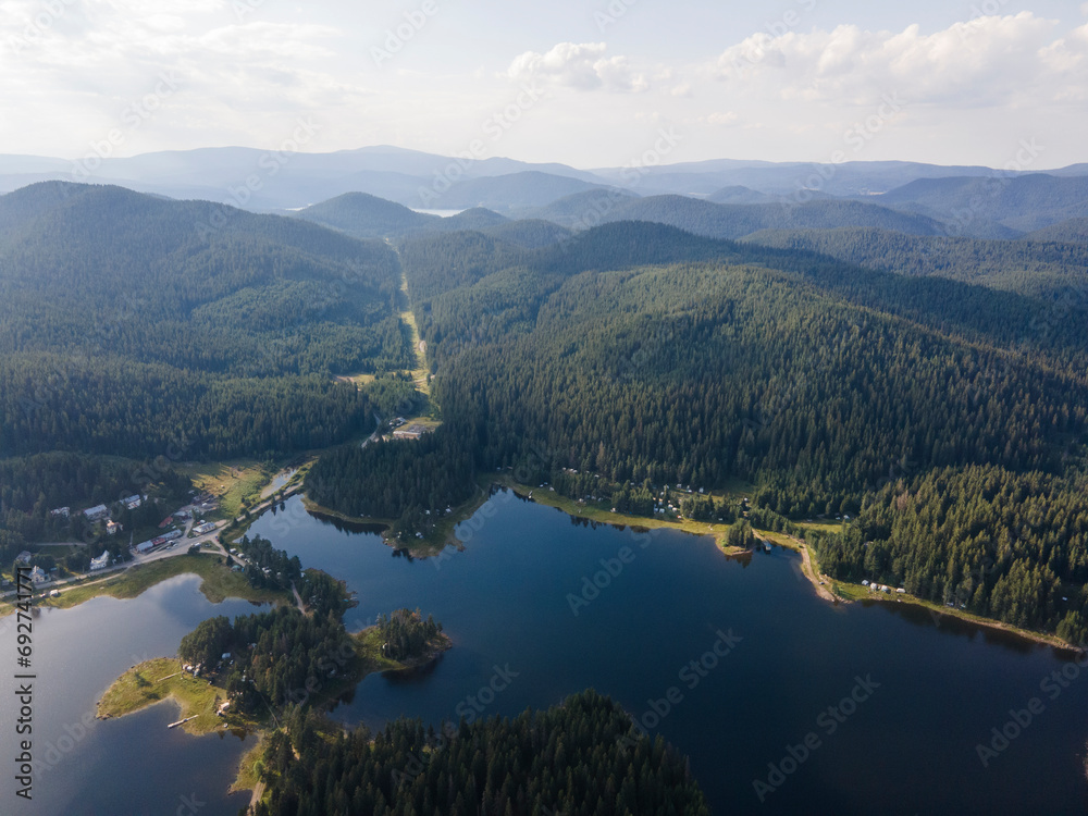 Fototapeta premium Aerial landscape of Shiroka polyana Reservoir, Bulgaria