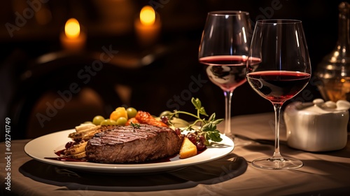 AI generated illustration of a plate of succulent grilled meat, a full glass of red wine