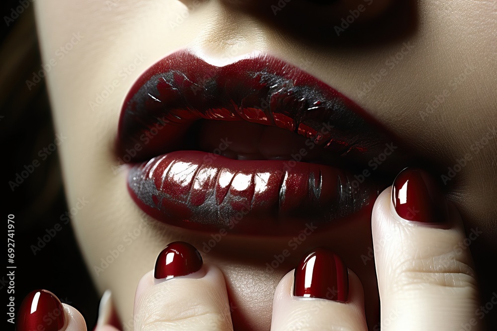 nails lips Closeup affair angel art beauty cosmetic dark desire erotic face fashion fetish full girl gothic head kiss cat lip lipstick love lover lush lust constructed make-up mark mouth mysterious - obrazy, fototapety, plakaty 