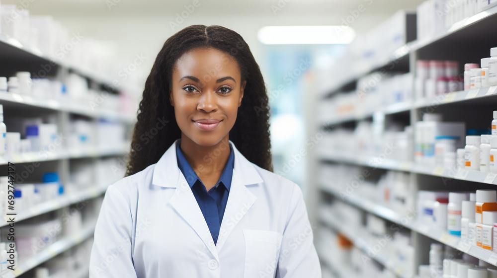 A cheerful beautiful smiling African-American female pharmacist with curly hair, standing next to the pharmacy shelves. A cheerful beautiful smiling African-American female pharmacist with curly hair, standing next to the pharmacy shelves.