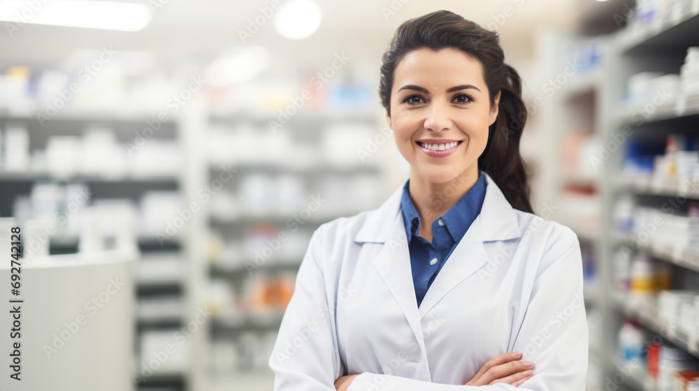 Portrait of beautiful professional female pharmacist with crossed arms who looks at camera and smiling charmingly in Drugstore with health care products.