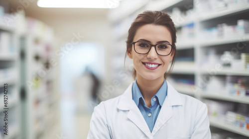 Portrait of young happy pharmacist working in drugstore and looking at camera. 
