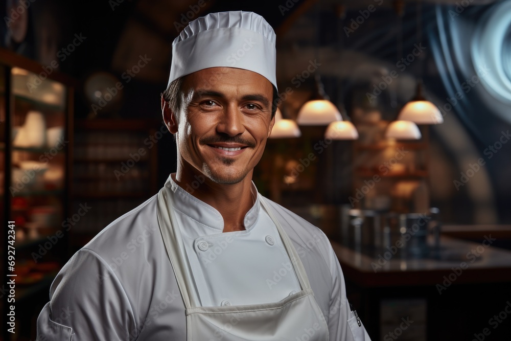 a smiling chef posing in a restaurant kitchen a smiling chef posing in a restaurant kitchen