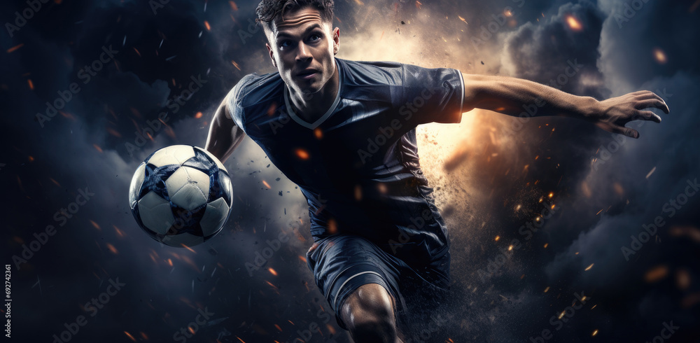 a soccer football player flying through the air with the ball - obrazy, fototapety, plakaty 