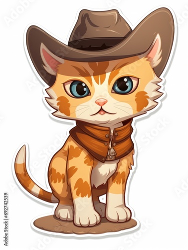 Cartoon sticker sweet kitten dressed as a cowboy, AI