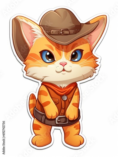 Cartoon sticker sweet kitten dressed as a cowboy, AI