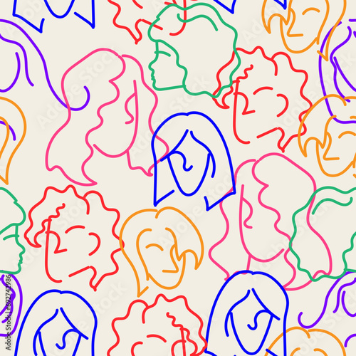 Seamless  simple colorful pattern with different women silhouettes. For textile, paper, print, packaging. Diversity concept. Vector pattern