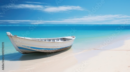 boat at the beach with oblivion blue wave