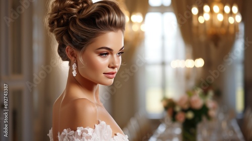 bride wearing an updo in white with white pearls photo