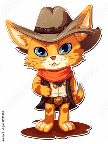 Cartoon sticker sweet kitten dressed as a cowboy, AI