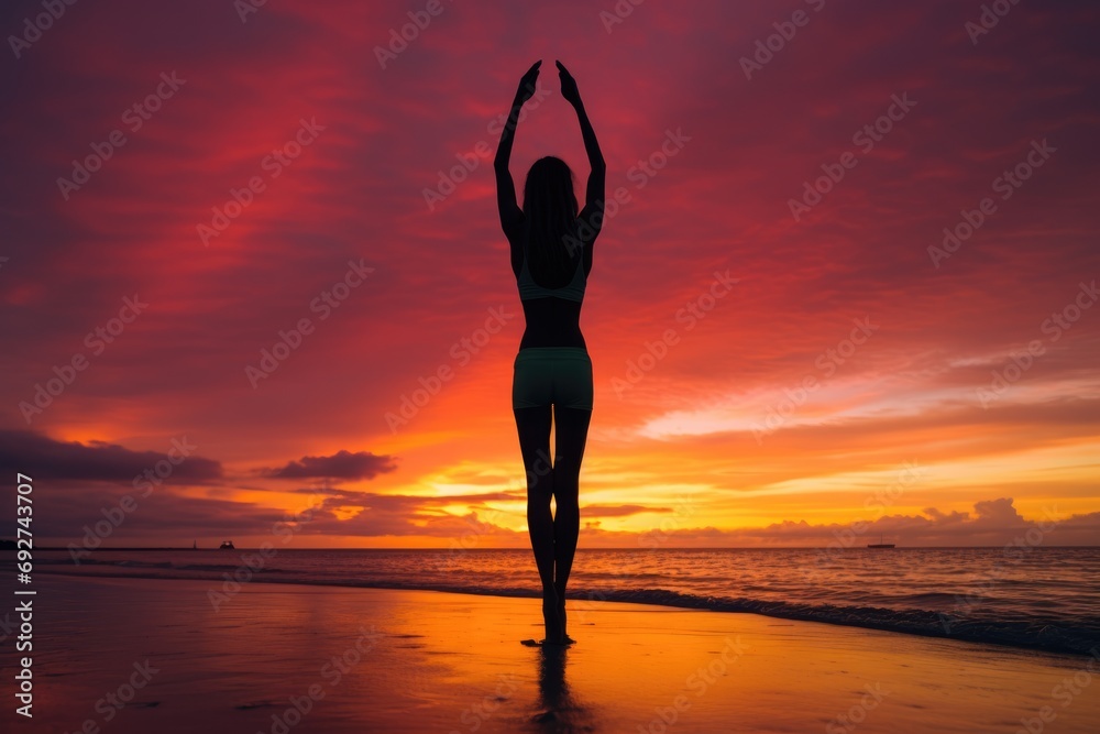 beachside sunset, a young woman stands in a yoga pose, her silhouette against the fiery sky. Her posture reflects a moment of peace and surrounding natural beauty