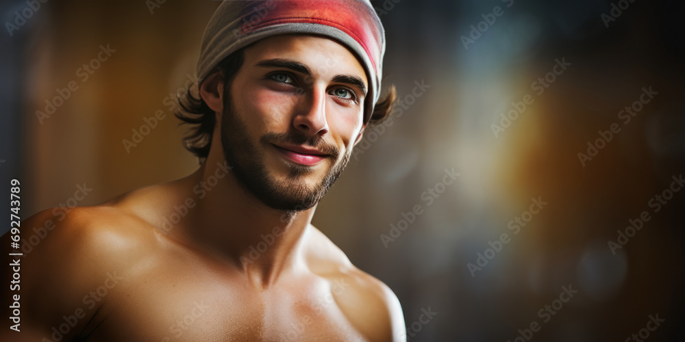 Portrait of young man swimmer standing by the pool. Sport, competition concept