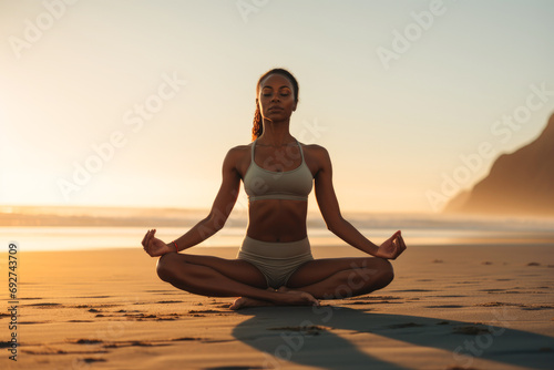 young African American woman finds tranquility in a meditative yoga pose on the beach, embodying peace and harmony with the surrounding nature