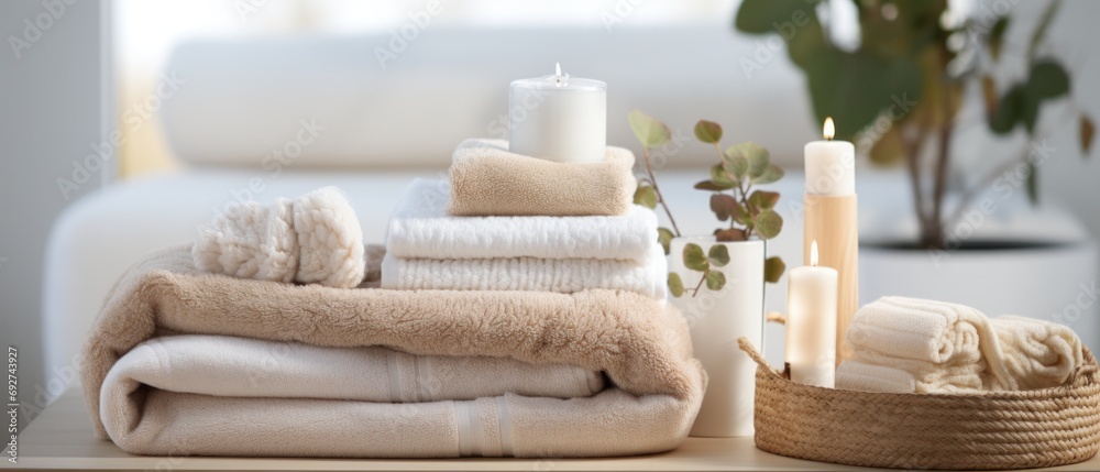 five products with towels, towels, and soap