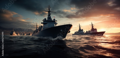 five naval ships are sailing out in a body of water
