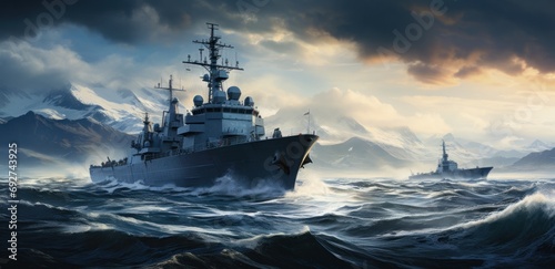 five naval ships are sailing out in a body of water