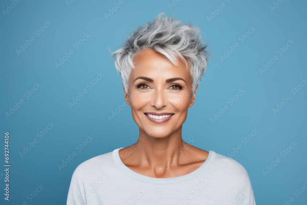 Portrait of a happy young woman with grey hair on blue background