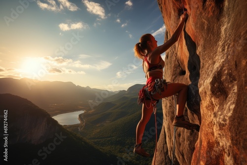 young Caucasian woman, equipped with climbing gear, ascends a steep rock face, her form silhouetted against a stunning sunset backdrop over a serene mountain valley