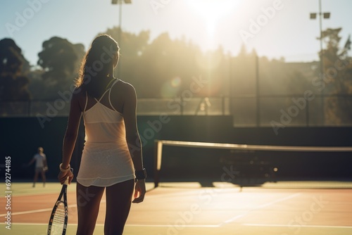 Asian woman stands poised with her racket, ready to face her opponent in a serene yet focused match photo