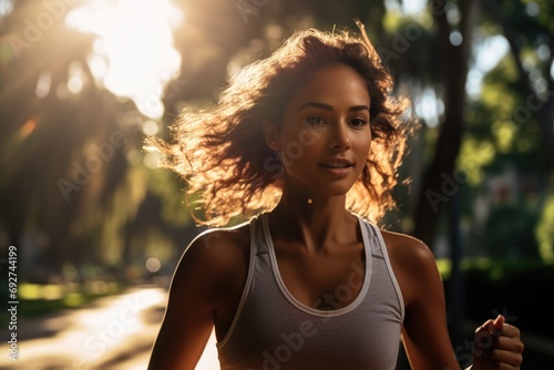 energetic young Latina woman enjoys a refreshing run in a lush park, with sunlight filtering through the trees, highlighting her curly hair and happy expression