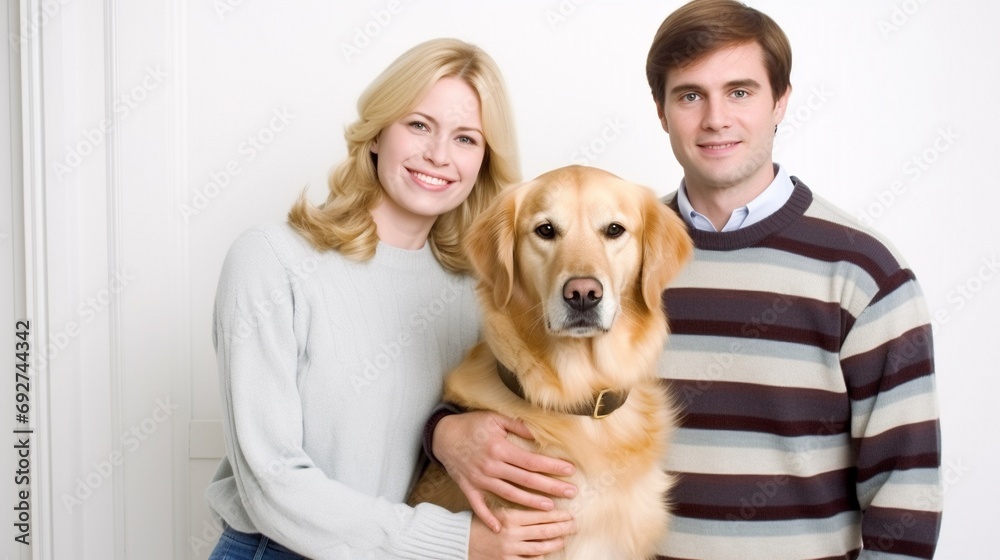 Portrait of happy young couple in pajamas with their beloved golden retriever dog isolated on white background. Portrait of happy young couple in pajamas with their beloved golden retriever dog isolated on white background.