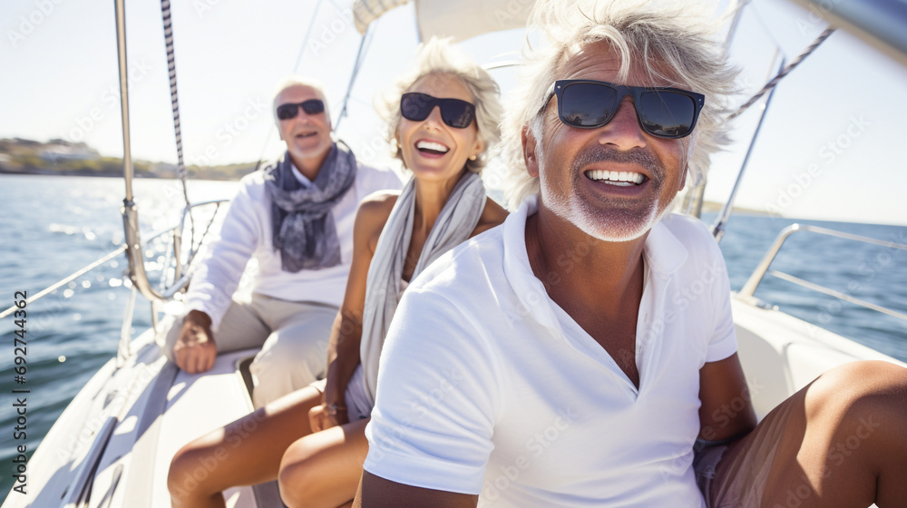 Group of friends relaxing on luxury yacht. Having fun together while sailing in the sea. Traveling and yachting concept.