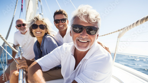 Group of friends relaxing on luxury yacht. Having fun together while sailing in the sea. Traveling and yachting concept. © Uros