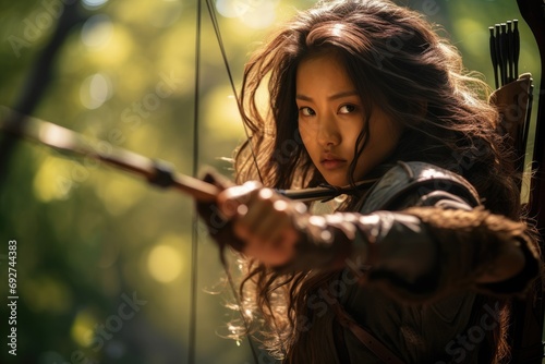 woman archer, poised and concentrated, takes aim with her bow in a serene forest setting, her eyes locked on the target