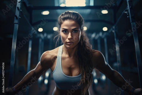 young woman exhibits intense focus and strength while training on gym equipment, her muscular definition underlining her fitness commitment © gankevstock